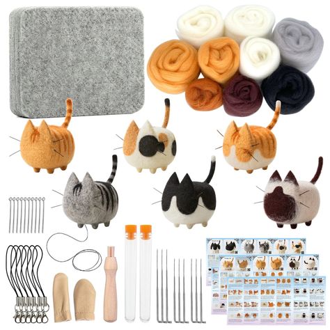 PRICES MAY VARY. 【Complete Needle Felting Kit】: Kits includes all tools and materials needed: 6 Colored Wool Roving 1.8oz, 1x Wool Needle Felting Pad, 9x Needles in bottle (38 gauge x 3, 40 gauge x 3, 42 gauge x 3), Instruction and tutorial videos, 6pcs Phone lanyard, 10pcs 9-Shaped Needles, Cat's Whisker, 1 Pair Leather Finger protector, 1 x Wooden Felting Tool 【Felting Kits for Beginners Adult】: You don't have to worry if you have no prior experience with needle felting, because this series of Needle Felt Crafts, Craft Kits For Adults, Felting Needles, Felted Cat, Clay Crafts For Kids, Wool Needle Felting, Punch Needle Kits, Finger Protector, Felt Crafts Diy