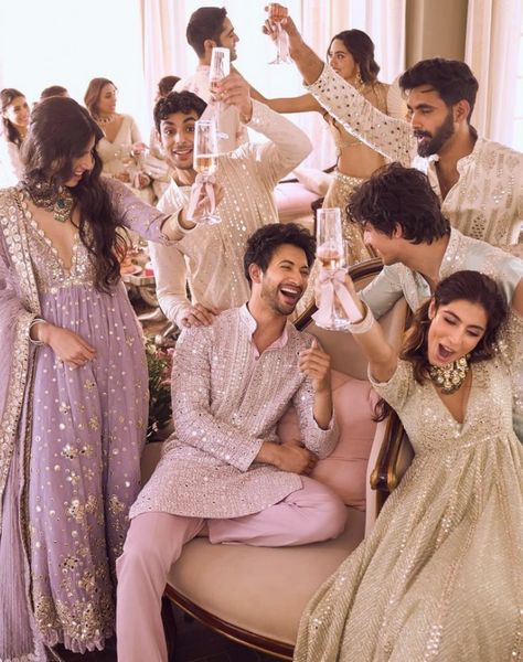 South Indian Celebrity Weddings, Indian Celebrity Outfits Traditional, Traditional Family Photoshoot Indian, Punjabi Wedding Family Outfits, Family Wedding Photos Indian, Indian Wedding Family Outfits, Reception Dress For Groom Sister, Abhinav Mishra Mens Wear, Family Theme Dress For Indian Wedding