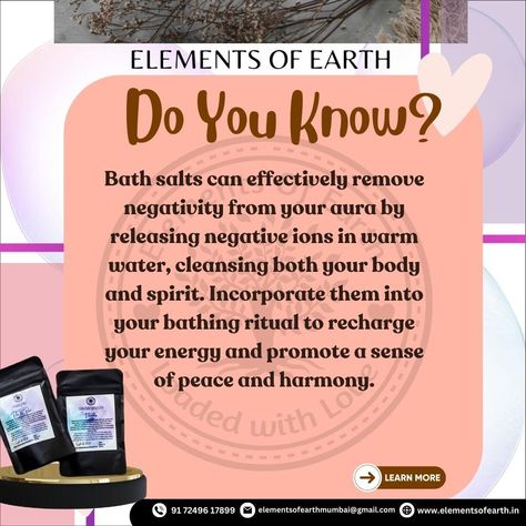 Relax and cleanse negativity with bath salts. Warm water releases negative ions, refreshing your aura and promoting harmony. Boost your bathing routine for peace and energy. 🛁✨ 🛒Shop Now Our Website: elementsofearth.in Amazon:https://www.amazon.in/stores/ElementsofEarth/page/D664A91A-FC90-4311-9890-AB60B969B60C?ref_=ast_bln 🌿 Have questions? Need assistance? Reach out to us at 📞 +91 7249617899 📩 elementsofearthmumbai@gmail.com #SelfCare #AuraCleanse #InnerPeace#aura #skingoals #positivee... Elements Of Earth, Bathing Routine, Healing Journaling, Aura Cleansing, Cleansing Routine, Ritual Bath, Bath Salts, Each Day, Inner Peace