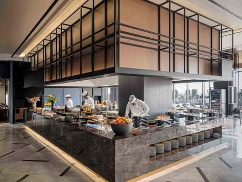 Buffet Restaurant Design, Open Kitchen Restaurant Design, Hotel Kitchen Design, Kitchen Restaurant Design, Open Kitchen Restaurant, Restaurant Lighting Design, Restaurant Kitchen Design, Hotel Buffet, Modern Restaurant Design