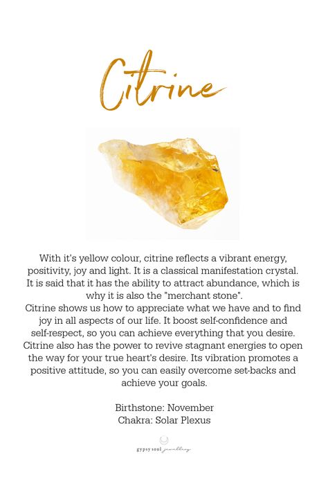 About citrine crystals and its meaning - Stone for Solar Plexus Chakra & November Birthstone Citrine Stone Meaning, Citrine Healing Jewelry With Stones, Citrine Healing Properties, Smokey Citrine Meaning, Citrine Crystal Meaning, Citrine Meaning, Citrine Crystal Affirmation, Crystals For Manifestation, Charge Crystals