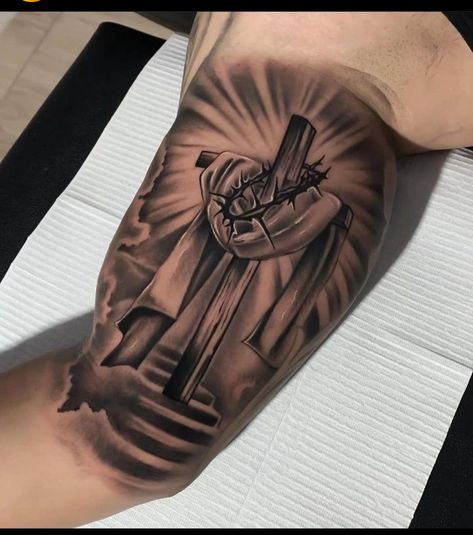 Angle Tattoo For Men, Jesus On Cross Tattoo, Inside Bicep Tattoo, Unique Cross Tattoos, Memorial Tattoo Ideas, Shoulder Sleeve Tattoos, Unique Tattoos For Men, Cool Half Sleeve Tattoos, Full Leg Tattoos