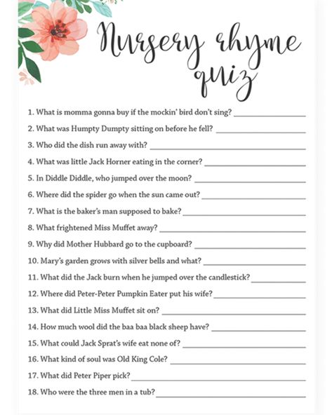 Nursery Rhyme Quiz game for baby shower by LittleSizzle Nursery Rhyme Baby Shower Game, Baby Quiz, Nursery Rhyme Quiz, Baby Shower Quiz, Babby Shower, Butterfly Baby Shower Theme, Baby Lamb Baby Shower, Nursery Rhymes Games, Sprinkle Baby Shower