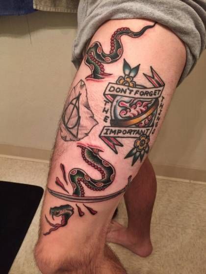 Harry Potter Tattoos | Harry Potter Tattoo Ideas (Page 41) Nagini Tattoo, Resistance Tattoo, Nagini Harry Potter, Harry Potter Tattoo Ideas, Minion Tattoo, Harry Potter Book Quotes, Harry Potter Funny Tumblr, Hp Tattoo, Deathly Hallows Symbol