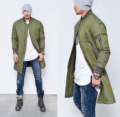 Mens Outwear, Streetwear Outfit Ideas, Long Flight, Men Photoshoot, Swag Men, Clothing Fabric, Sharp Dressed Man, Flight Jacket, Jacket Long