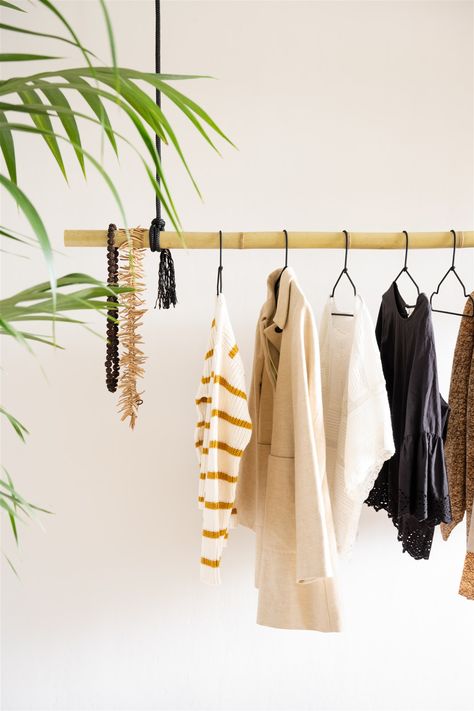 Bamboo Wardrobe, Clothing Shop Interiors, Bamboo Clothes Rack, Bamboo Species, Diy Bamboo, Tropical Interiors, Bamboo Diy, Bamboo Clothes, Bamboo Building