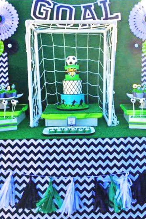 Check out this awesome soccer birthday party! The dessert table is awesome! See more party ideas and share yours at CatchMyParty.com  #catchmyparty #partyideas #soccerparty #boybirthdayparty Soccer Dessert Table, Soccer Party Candy Table, Soccer Party Table Decor, Soccer Theme Birthday Party Decorations Dessert Tables, Soccer Birthday Backdrop, World Cup Soccer Party, Soccer Theme Parties, Soccer Birthday Parties, Soccer Theme