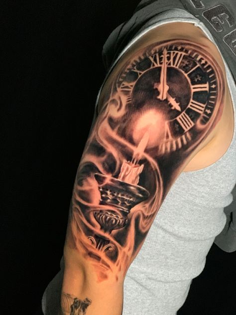 Time Sleeve Tattoo For Men, In Memoriam Tattoo, Orthodox Tattoos, Burning Candle Tattoo, Time Clock Tattoo, Scott Tattoo, Realistic Tattoo Ideas, Time Piece Tattoo, Pocket Watch Tattoo Design