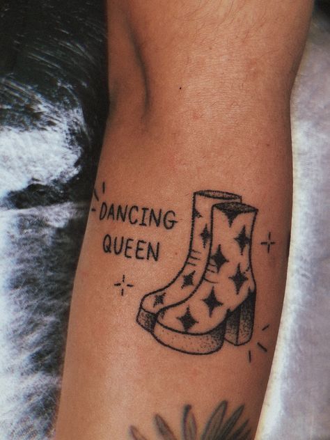 Dancing Queen Tattoo Mamma Mia, Abba Inspired Tattoo, Dirty Dancing Tattoo Ideas, Musical Theatre Tattoo Ideas, Mamma Mia Inspired Tattoo, Matching Music Tattoos, Musical Theatre Tattoo, Landslide Tattoo, Dancing Queen Tattoo