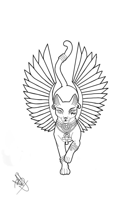 Egyptian Tattoo Stencil, Eygptain Tattoos Design, Bastet Goddess Tattoo, Egyptian Sleeve, Bastet Tattoo, Egyptian Cat Tattoos, Bastet Goddess, Egyptian Drawings, Protection Tattoo