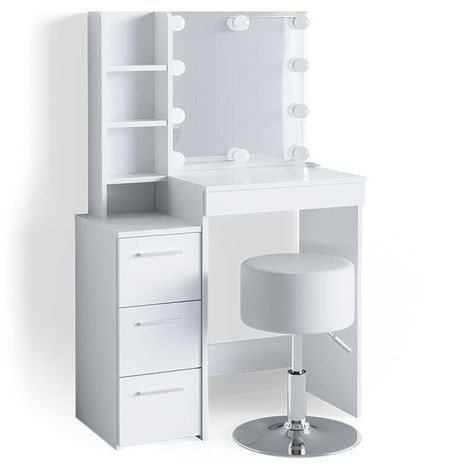 Mobilier d'intérieur > Meuble de chambre > Coiffeuse VICCO, Grâce à son revêtement mélaminé, notre coiffeuse Meryl offre une surface résistante aux rayures et facile d’entretien. Grâce à ses tiroirs, ses compartiments et ses tablettes, vous trouverez de la place et un espace de rangement suffisant pour tous vos produits de beauté. Cette coiffeuse mesure 79,9 x 127,4 x 40 cm (l x h x p). La coiffeuse est fournie avec un tabouret design, une guirlande lumineuse, une notice de montage illustrée ain Garden Storage Cabinet, Hallway Furniture Storage, Dressing Table Mirror, Hallway Furniture, Room Design Bedroom, Pantry Cabinet, Room Makeover Inspiration, Beds For Sale, Game Room Furniture