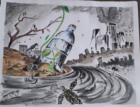 Environmental Pollution Drawing Sketch, Plastic Free World Drawing, Poster On Beat Plastic Pollution, Water Pollution Sketch, Water And Air Pollution Drawing, Stop Plastic Pollution Drawing, Air Pollution Drawing Competition, Air Pollution Painting, Polluted Water Drawing