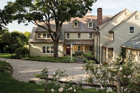 Charming antique farmhouse gets refreshing update in rural Connecticut Stone Cottage Homes, Custom French Doors, Custom Shutters, Colonial Exterior, Dining Room Cozy, Primitive Homes, Grey Exterior, Vernacular Architecture, Stone Cottage