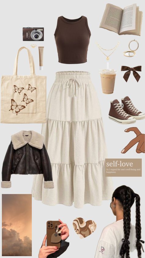 #brown #quotesaesthetic #hairstyleinspo #beigemom #skirt #outfitideas 🤎 Brown Top And Skirt Outfit, Cream Midi Skirt Outfit, Winter Modest Outfits, Twin Outfit, Modest Fall Outfits, White Tops Outfit, Normal Style, Long Skirt Casual, Venus Fashion