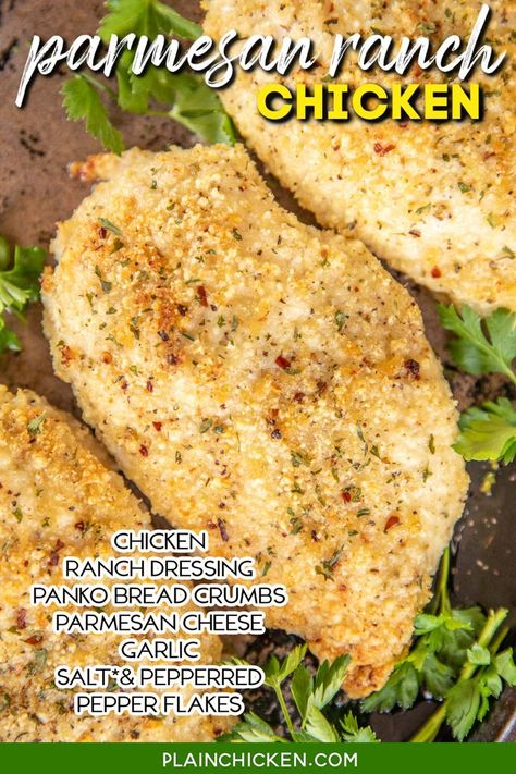 Ranch Parmesan Chicken Baked, Parm Ranch Chicken, Chicken Italian Bread Crumbs Recipe, Panko Bread Crumbs Chicken, Ranch Dressing Chicken Baked, Recipes That Use Ranch Dressing, Italian Bread Crumbs Chicken, Chicken Ranch Dressing Recipes, Bread Crumb Chicken Breast