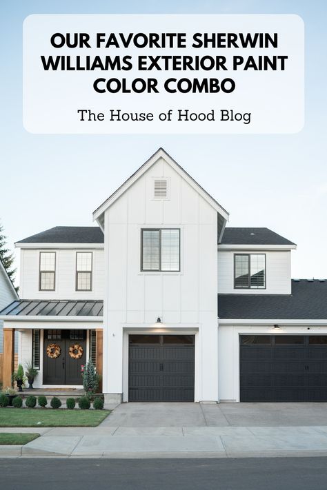 We are sharing our favorite combo for exterior paint to get the farmhouse look. Sherwin Williams Pure White with Tricorn Black accents give our home the perfect modern farmhouse feel! Pure White is the perfect white and we've tried a lot! #purewhite #sherwinwilliams #tricornblack #farmhousepaint #paintcolors #bestpaintcolors #modernfarmhouse Sherwin Williams Pure White, Sherwin Williams Exterior Paint Colors, White Home Exterior, White Farmhouse Exterior, Tricorn Black, White Exterior Paint, White Exterior Houses, Exterior House Colors Combinations, House Paint Color Combination