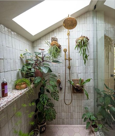 Plant Shower Ideas, Rainforest Inspired Bathroom, Shower With Plants Inside, Plants In The Shower Ideas, Bathroom Astethic Cozy, Showers With Plants, Shower With Plants, Plants In Shower Ideas, Plants In Shower