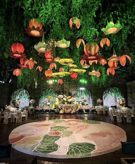 Milestone Birthday Ideas, Modern Wabi Sabi, Garba Dance, Performance Stage, Dance Floors, Tropical Theme, Milestone Birthday, Hanging Lanterns, Tropical Wedding