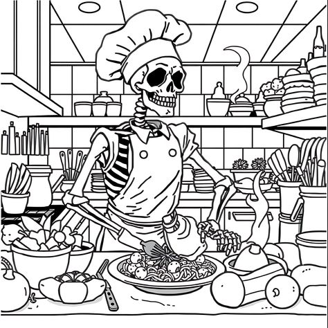 Skeleton Chef Cooking in the Kitchen (free printable PDF black-and-white line drawing coloring page suitable for all, from beginners to advanced learners, including children, teens, adults, and seniors) Coloring Pages Skeleton, Skeleton Coloring Pages, Skeleton Warrior, Free Poster Printables, Cooking In The Kitchen, Flamingo Color, Traditional Japanese Architecture, Monster Coloring Pages, Animal Skeletons