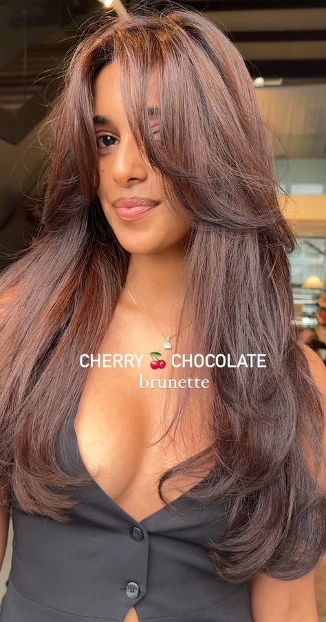 Soft Cinnamon Brown Hair, Red Brown On Black Women, Brown Hair Colors On Light Skin, Hair Colors For True Winter, Dyed Hair For Indian Women, Red Brown Hair On Tan Skin, Dark Tinted Hair, Hair Dye Ideas For Mexican Women, Medium Length Dark Copper Hair