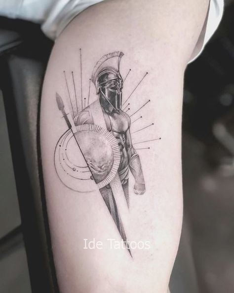 Tattoo Ideas Mythology, Greek Tattoo Ideas Mythology, Greek Tattoo Ideas, Bicep Tattoos For Men, Ares Tattoo, Geometric Tattoo Leg, Bicep Tattoos, Inside Of Arm Tattoo, Geometric Tattoo Sleeve Designs