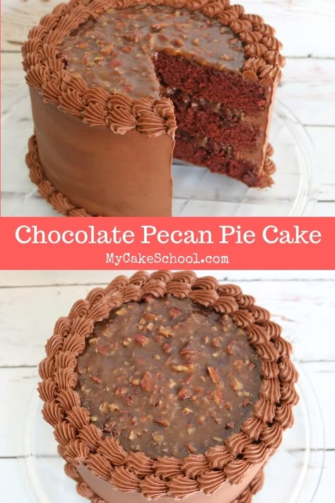 Chocolate Pecan Pie Cake | My Cake School Chocolate Pecan Pie Cake, Chocolate Pecan Cake Recipes, Chocolate Cake With Pecans, Pecan Filling For Cake, Pecan Cake Filling, Chocolate Pecan Cake, Pecan Pie Cake Recipe, Pie Cake Recipe, Chocolate Cake Layers