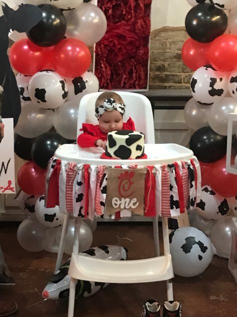 1st Birthday Chickfila, Chik Fil A Birthday Theme, Chic Fil A Themed 1st Birthday, Chick Fil A Party Theme, Chick Fil A First Birthday Party, Chick Fil A Birthday Party Theme, Chick Fil A Party, Chick Fil A Birthday, Homecoming Football