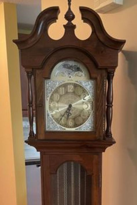 Seth Thomas Grandmother Clock. Seth Thomas Grandmother Clock w/ brass action, 19"Wx9"Dx76"H, 9"diameter face (animal scratches-see photos). Grandmother Clock, Art Deco Wood, Seth Thomas, Antique Wall Clock, Division, Wall Clock, Auction, Art Deco, Clock