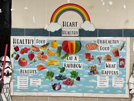 Heart healthy month Food Nutrition Poster Design, Healthy Eating Bulletin Board, Healthy Eating Display, Healthy Food Activities For Preschool, Nutrition Bulletin Boards, School Clinic, Healthy Food Activities, Nurse Bulletin Board, Health Bulletin Boards