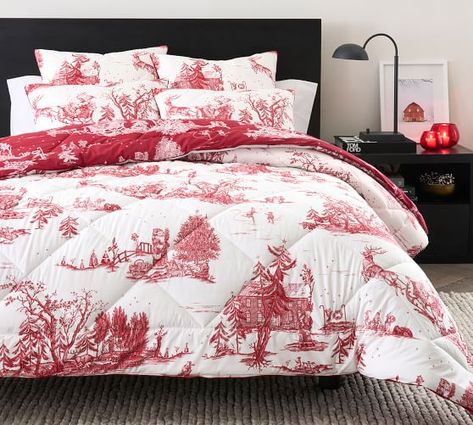 Santa Toile Reversible Cotton Comforter | Pottery Barn Red Bedding Sets, Barn Christmas, Christmas Sofa, Apartment Bedding, Christmas Duvet Cover, Christmas Duvet, Pottery Barn Christmas, Pottery Barn Bedding, Christmas Bedding