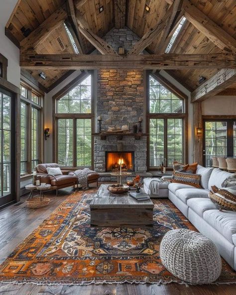 Boho Barn Design Mountain Homes Interiors, Log Home Living Room, Cathedral Ceiling Living Room, Modern Cabin Interior, Log Houses, Cabin Interior Design, Tuscan Style Homes, Rustic Homes, Log Cabin Interior