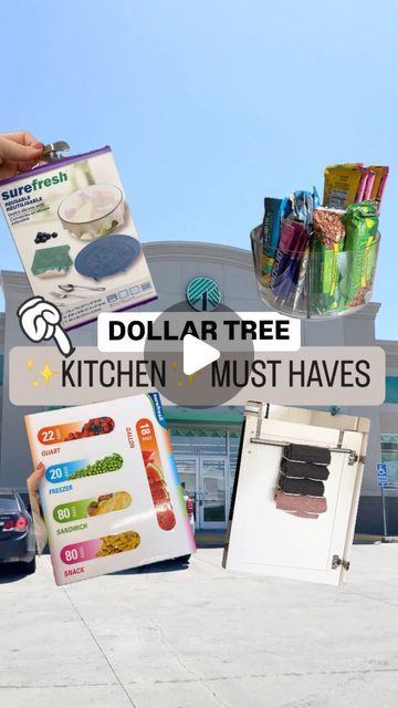 Emma Villaneda on Instagram: "Dollar Tree ✨Kitchen✨ must haves!  👉🏻 Which product was your favorite?!  📸👇🏻 SHOPPING list: 🛒 Dollar Tree Variety Pack Plastic Bags  🛒 Dollar Tree Towel Bar 🛒 Dollar Tree Metal Dish Rack 🛒 Dollar Tree Reusable Silicone Seals 🛒 Dollar Tree Rotating Bathroom Organizer   #diy #organization #organizationideas #dollartree #hack #homehacks #home #homedesign #diyproject #tutorial #hacks#lifestyle #decorhacks #homedecor #decor #kitchen #kitchendesign" Bathroom Organizer Diy, Dollar Tree Must Haves, Dollar Tree Kitchen Organization, Dollar Tree Kitchen, Dollar Tree Baskets, Index Card Holders, Book Bins, Organizer Diy, Dollar Tree Hacks