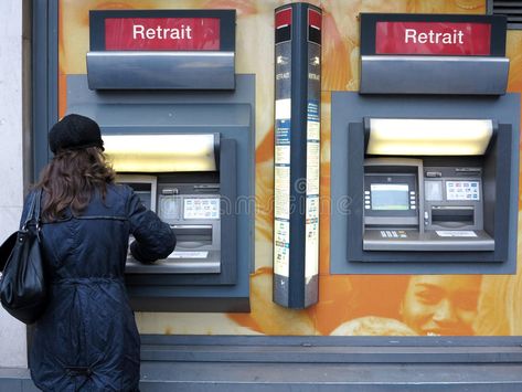 Cash from atm. Woman withdrawing cash from an atm banking machine of Societe Gen , #AFF, #withdrawing, #cash, #Woman, #Cash, #atm #ad Bank Worker, Worker Aesthetic, Atm Cash, Paris Images, Old Woman, Money Cash, Pay Phone, Banking, Paris France