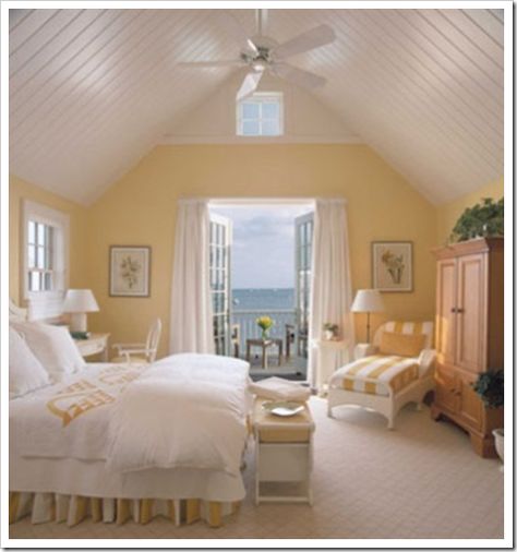 How to choose Ceiling colours; Do’s and Don’ts - Maria Killam - The True Colour Expert Nantucket Decor, Wood Plank Ceiling, Yellow Bedroom Decor, Casa Country, Attic Space, Yellow Room, Yellow Bedroom, Yellow Walls, Dreamy Bedrooms