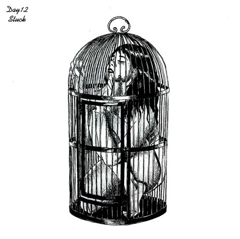 Graphic art woman in a huge bird cage Locked In A Cage Art, Enclosed Spaces Art, Bird And Cage Drawing, Person In Bird Cage, Birdcage Drawing Vintage, Trap Drawing Art, Bird In Cage Art, Birdcage Photoshoot, Rat In A Cage Tattoo