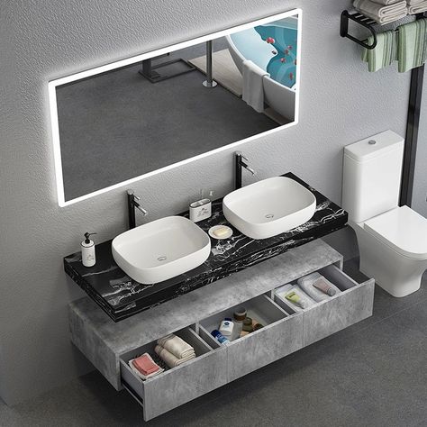 Modern 60" Floating Bathroom Vanity Set Wall Mount Vessel Double Sink Vanity with Drawers Black Marble Floating Bathroom Vanity Double Sink, White Vessel Sink, Floating Bathroom Vanities, Serene Bathroom, Mounted Vanity, Floating Bathroom Vanity, Bad Inspiration, Single Sink Vanity, Double Vanity Bathroom