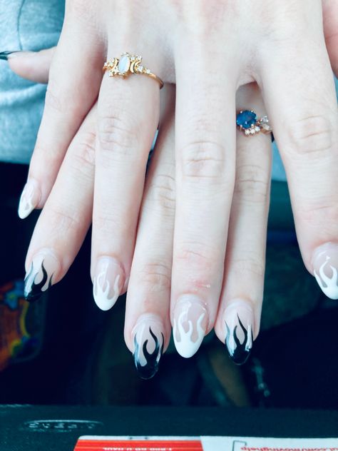 #fashion #aesthetic #black #white #fire #acrylic #nails #nailart Black And White Flame Nails, Fire Acrylic Nails, Steelers Nails, Aesthetic Black, Fire Nails, Nails Designs, Fashion Aesthetic, Nails Nailart, Almond Nails