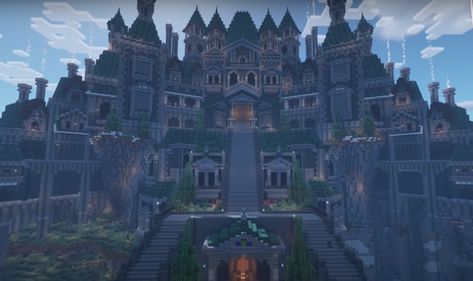 The G-Mansion was Grian's Season 7 main base. It is a grand mansion that is symmetrical around the center. It faces into the jungle towards GoodTimesWithScar's base and MumboJumbo's base. The back is undetailed but complete, as very few hermits would have a reason to view it from this angle. After the HCBBS was revealed to be the Hermit Craft Big Base Swap, ownership of the base was transphered to ZedaphPlays. 1 Features 1.1 Sorting system 1.2 Maps 1.3 Villagers 1.4 Nether Portal 1.5 Farms 1.6 M Hermit Craft Builds, Goodtimeswithscar Builds, Big Base Minecraft, Minecraft Sorting System, Hermitcraft Builds, Minecraft Homes, Cuddle Puddle, Nether Portal, Minecraft Kingdom