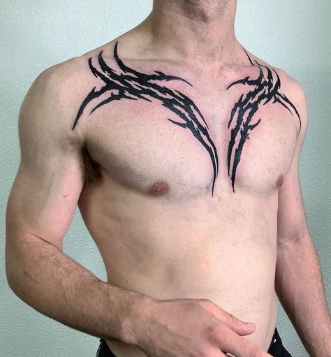 Crazy Chest Tattoo Men, Goth Chest Tattoo Men, Anime Chest Tattoo Men, Male Sternum Tattoo, Symmetrical Chest Tattoo Men, Necklace Tattoo For Men, Neotribal Chest Tattoo, Under Chest Tattoo Men, Chest And Shoulder Tattoo For Men