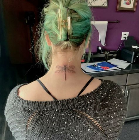 Dragonfly Tattoo On Neck, Dragonfly Tattoo On Back Of Neck, Dragonfly Back Of Neck Tattoo, Dragon Fly Neck Tattoo, Dragonfly Tattoo Neck, Dragonfly Tattoo Chest, Dragonfly Neck Tattoo, Dragonfly Chest Tattoo, Tat Placement