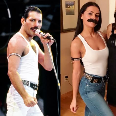 Female Freddie Mercury Costume, Celeb Costumes Ideas, Freddie Mercury Costumes, Iconic People Halloween Costumes, Freddy Mercury Halloween Costumes, Freddy Mercury Costume Women, Pop Culture Costumes 2023, Freddie Mercury Costume Woman, Female Singer Costume Ideas