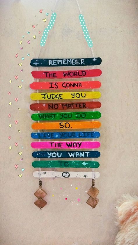 Yellow Diy Decor, Ice Cream Stick Craft Aesthetic, Ice Cream Stick Drawing, Wall Hanging Ideas With Ice Cream Sticks, Ice Cream Sticks Art, Crafts With Ice Cream Sticks, Ice Cream Stick Craft Wall Hangings, Craft With Ice Cream Sticks, Ice Cream Stick Wall Hanging