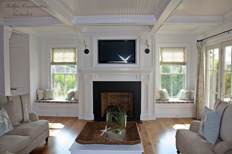 Transitional Home Fireplace, Blanket Storage Cabinet, Seating Window, Custom Window Seat, Built In Around Fireplace, Fireplace Windows, Fireplace Seating, Living Room Built Ins, Fireplace Built Ins