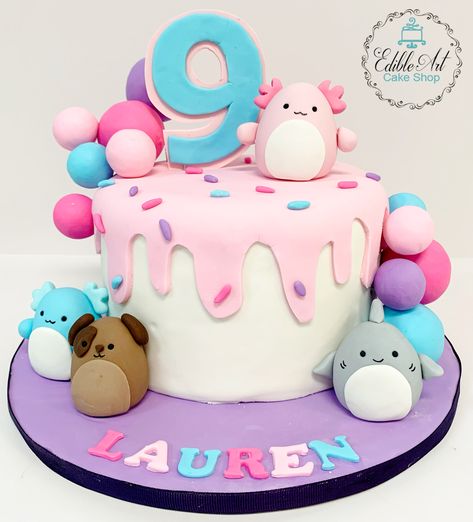 Fondant Squishmallows, Squishmallow Birthday Cakes, Squish Mellow Birthday Cakes, Squishmellow Cake Ideas, Sqishmelow Cake, Squishmallows Cake Ideas, Birthday Cake 8th Girl, Squishmallow Birthday Party Cake, Squishmallows Cakes