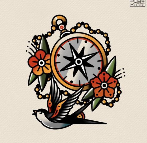 Traditional Wheel Tattoo, American Traditional Compass Tattoo, Small American Traditional Tattoo Flash, Traditional Compass Tattoo, Traditonal Tattoo, Wheel Tattoo, Traditional Tattoo Flash Art, Traditional Tattoo Designs, Compass Tattoo Design