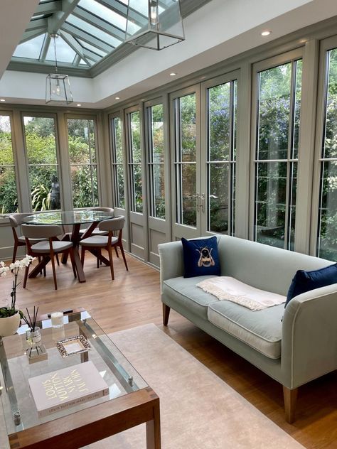 Big thanks to our customer in Surrey for sharing some photos of their cottage garden orangery and the immaculate contemporary interiors 🏡 #davidsalisbury #Orangery #gardenroom #inspo #design #interiors #interiordesign #luxury #homeinspo #homeimprovement #houseandhome #homeextension #house #home #property Orangery Extension Interiors, Garden Orangery, Garden Room Lighting, Aluminium Orangery, Orangery Ideas, Small Orangery, Orangery Extension Kitchen, Orangery Interior, Lantern Roof