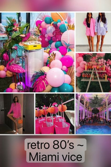 Bachelorette party theme idea retro 80s miami vice themed party flamingos neon #bachelorette #bachelorettepartyideas #hendo #engagement #party #partythemes #miami #retro #80s Miami Vice 80s Theme Party, Miami Costume Party, Bachelorette 80s Theme, Neon Hens Party, Miami Theme Party Table Decorations, 80s Hen Party, Miami Party Theme Decor, Miami Vice Party Food, Miami Vice Prom Theme