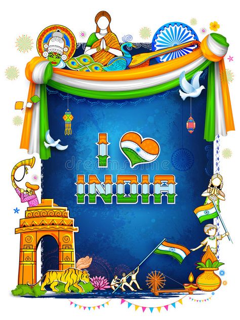 Illustration about Illustration of India background showing its incredible culture and diversity with monument, dance festival. Illustration of august, peacock, india - 96008287 India Background, Independence Day Activities, Independence Day Card, Festival Illustration, Diy Crafts For School, Independence Day Drawing, Independence Day Theme, Handmade Greeting Card Designs, School Art Activities