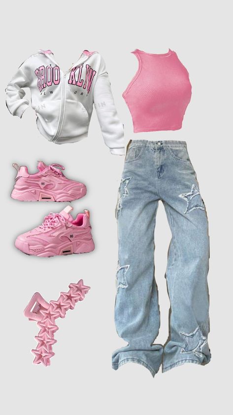 #Pink #outfit #stars #beautiful #streetwear #shein Cargos Outfits, Pink Cargos, Shein Aesthetic, Stars Beautiful, Cargo Outfit, Outfit School, Space Outfit, Aesthetic Streetwear, Aesthetic Outfit