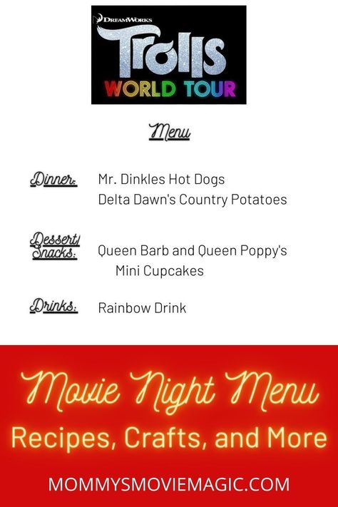 Trolls Movie Night Food, Trolls Dinner And A Movie, Trolls Themed Dinner, Family Movie Themed Dinner Ideas, Trolls Movie Night, Movie Night Foods, Kids Movie Night Ideas, Movie Themed Dinner Ideas, Themed Movie Night Ideas